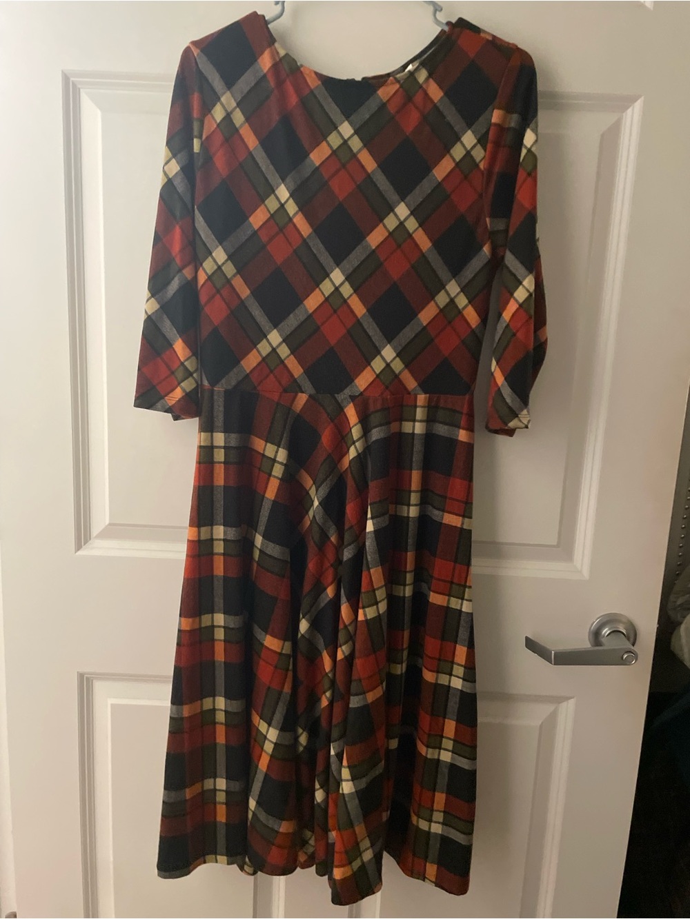 Unique Vintage Plaid Dress in Rust, Navy & Cream